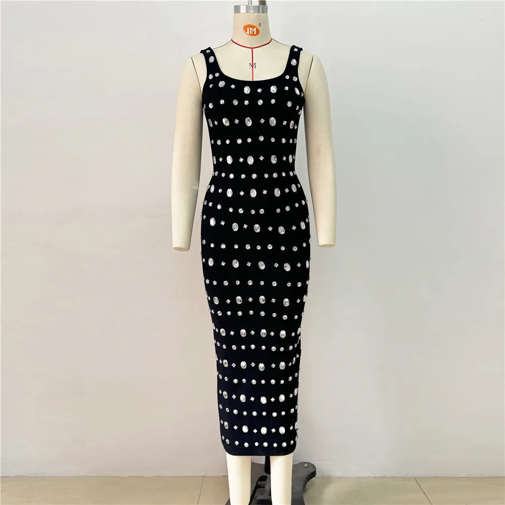 Big Crystal Women Sleeveless Sexy O-Neck Bodycon Long Bandage Dress Fashion Evening Party Cocktail Dress Vestido