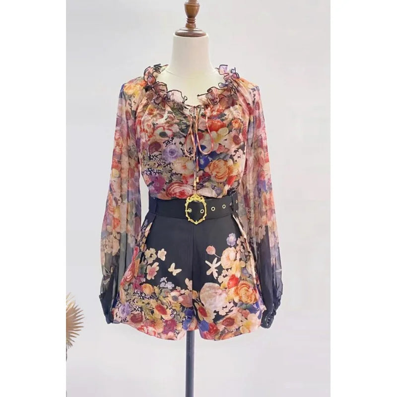 Real Shot Spot Australia New Positioning Printing Top Three-Dimensional Flower Lace-up Top + Wide Leg Shorts Suit Women
