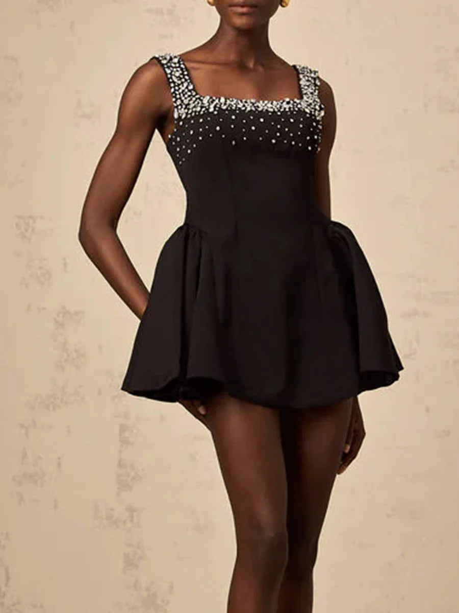 Solid Slimming Fashion Dresses for Women Square Neck Sleeveless Patchwork Diamonds Tunic Dress Female Clothing New BLACK