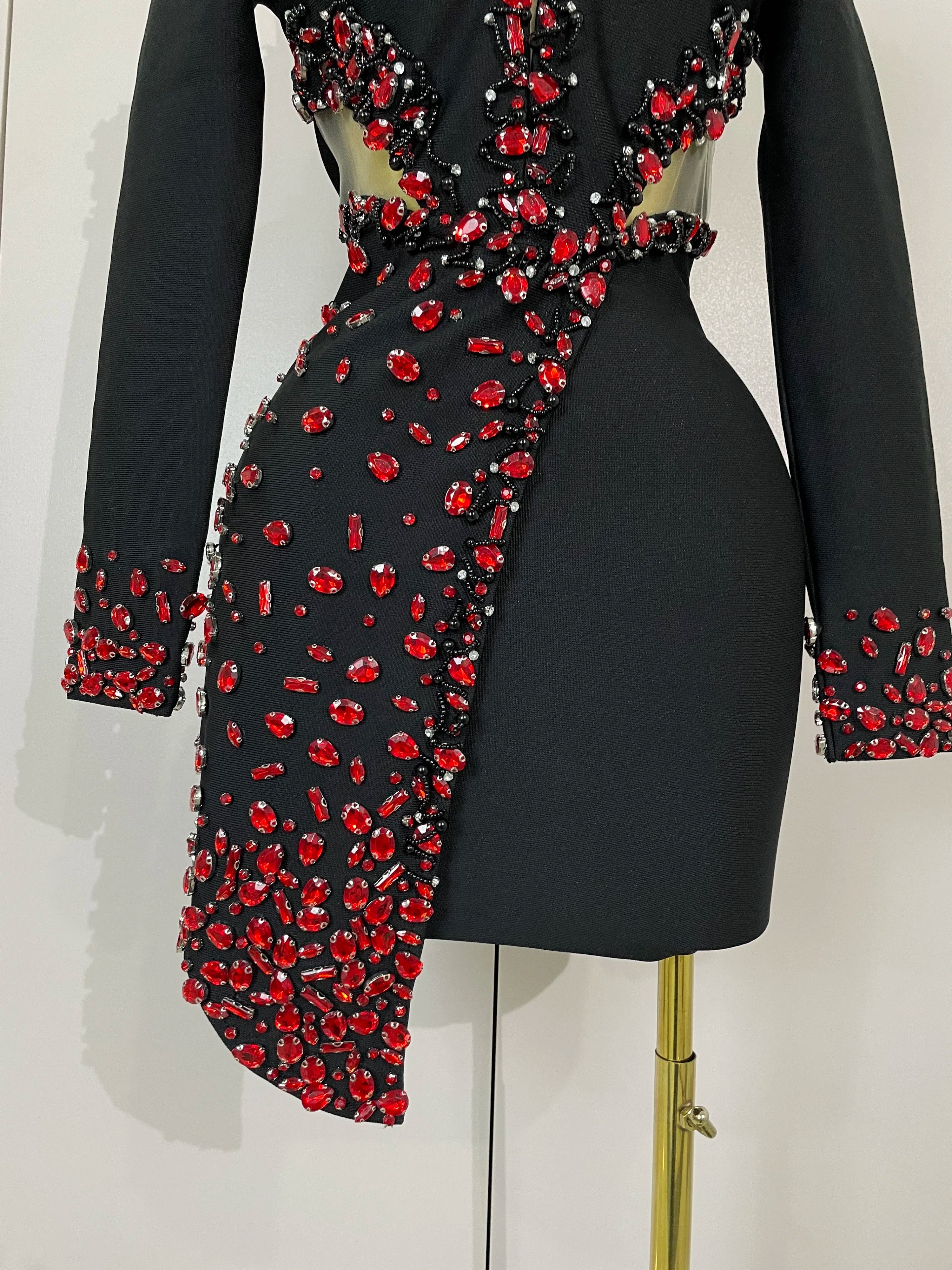 Women Celebrity Sexy Long Sleeve V Neck Rhinestone Black Bandage Dress 2025 Elegant Evening Club Luxury Birthday Party Dresses