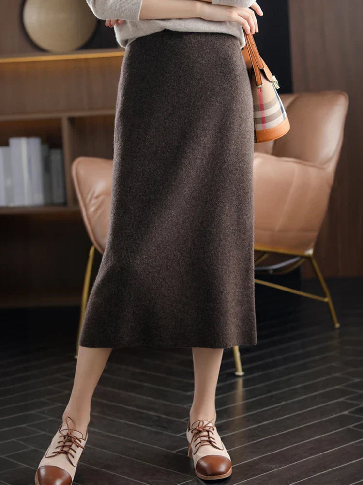 Women's Cashmere Long Knitted Skirts High Waisted Wool Midi Skirt Black Dark Brown Grey Pink Female Bottoms Winter Fashion Y2k Dark Brown