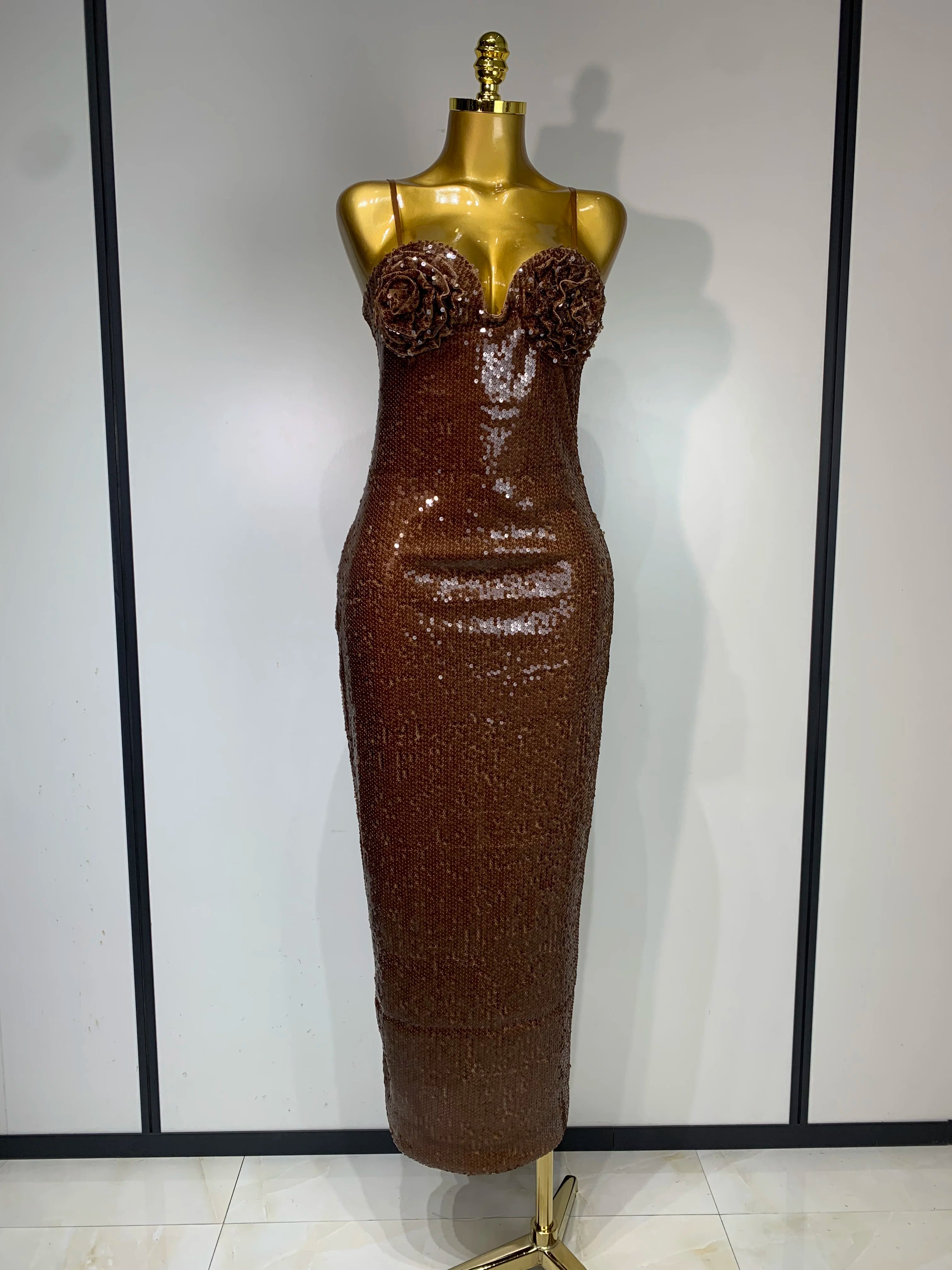 Women Luxury Sexy Sleeveless Backless Mesh Sequins Flower Brown Bodycon Maxi Dress Club Elegant Celebrity Evening Party Dress