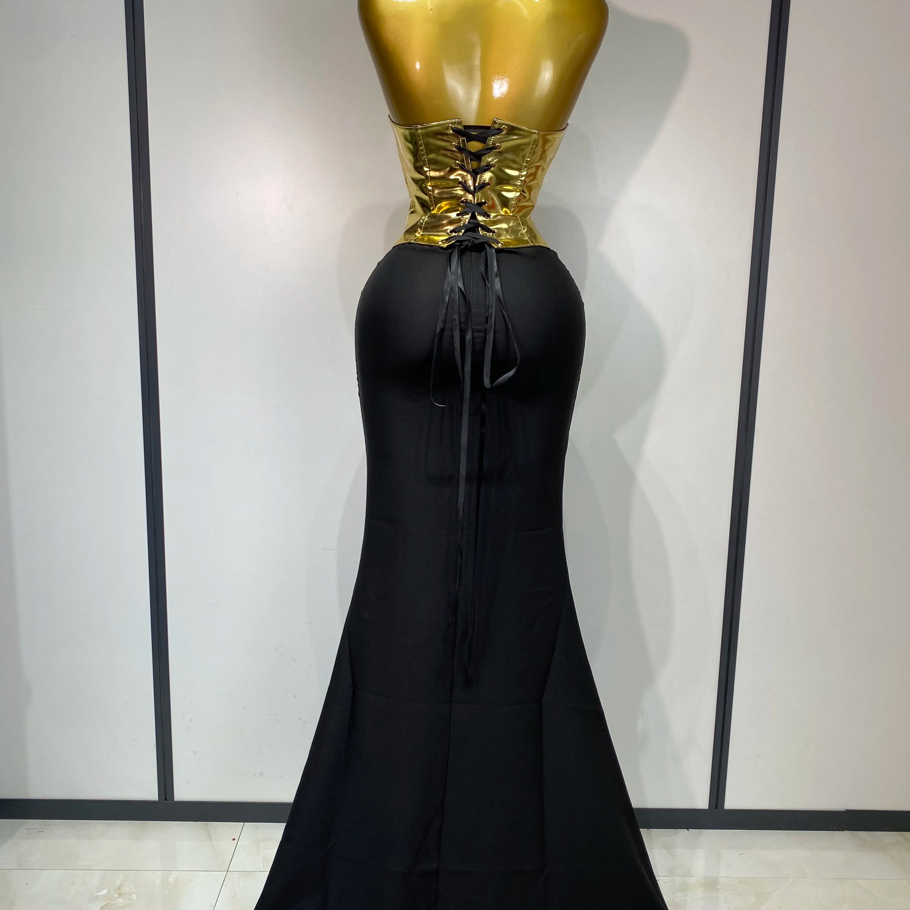 Women Sexy Strapless Gold Two Piece Set Celebrity Elegant Evening Party Maxi Skirt Suit Luxury Birthday Club Gown