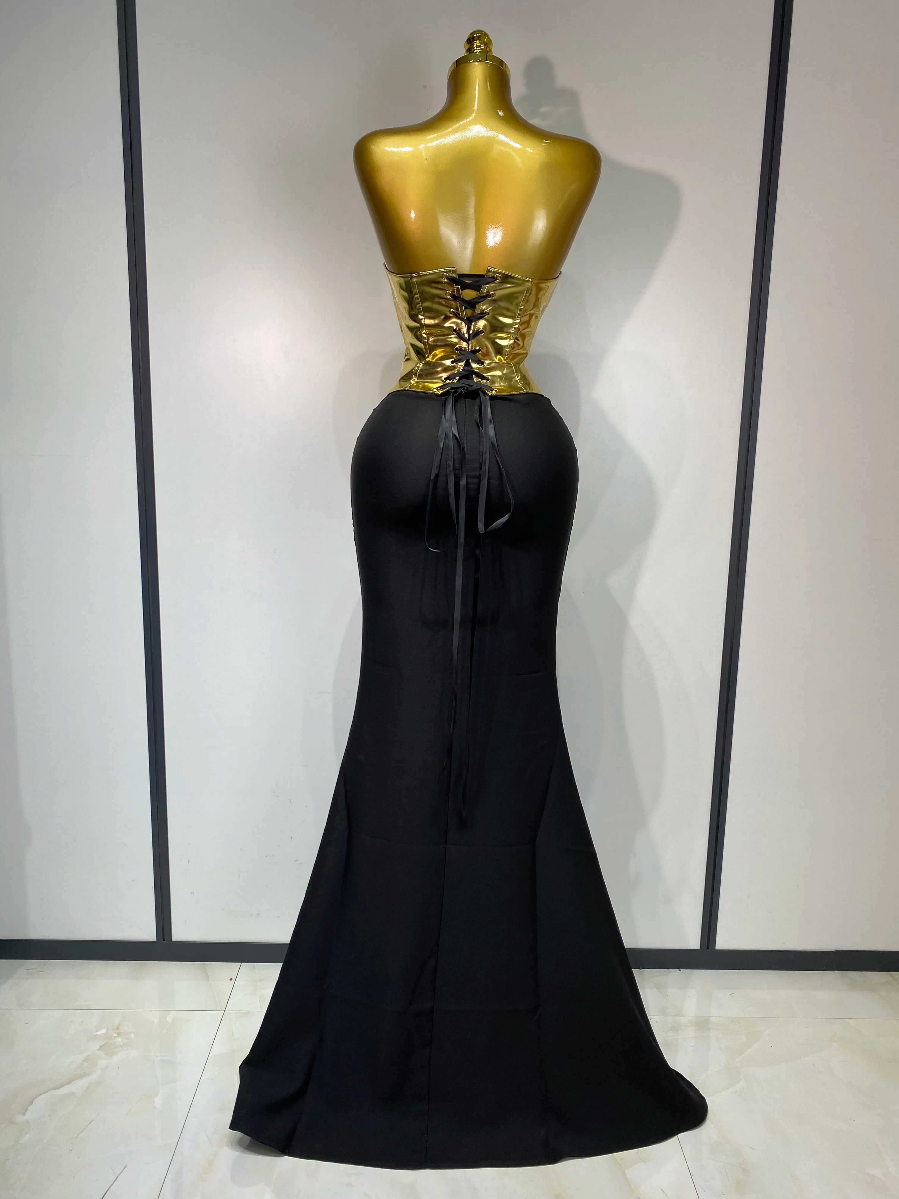 Women Sexy Strapless Gold Two Piece Set Celebrity Elegant Evening Party Maxi Skirt Suit Luxury Birthday Club Gown