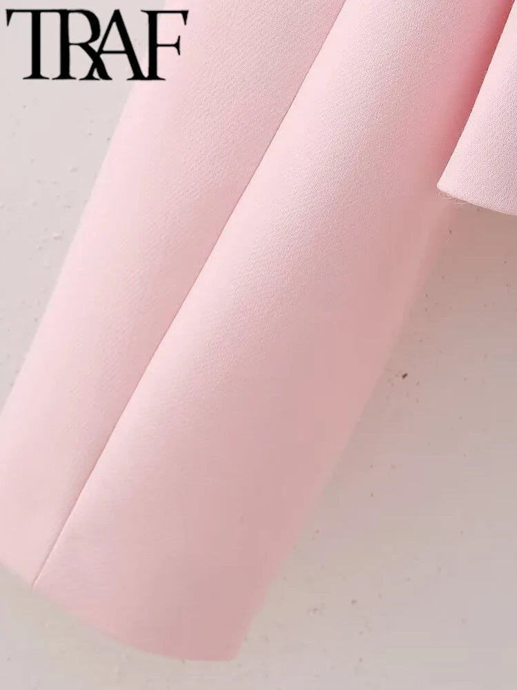 TRAF Spring Elegant Women Pink Y2K Short Blazer Metal Flower Button Long Sleeve Female Suit Jacket Turn Down Collar Tops