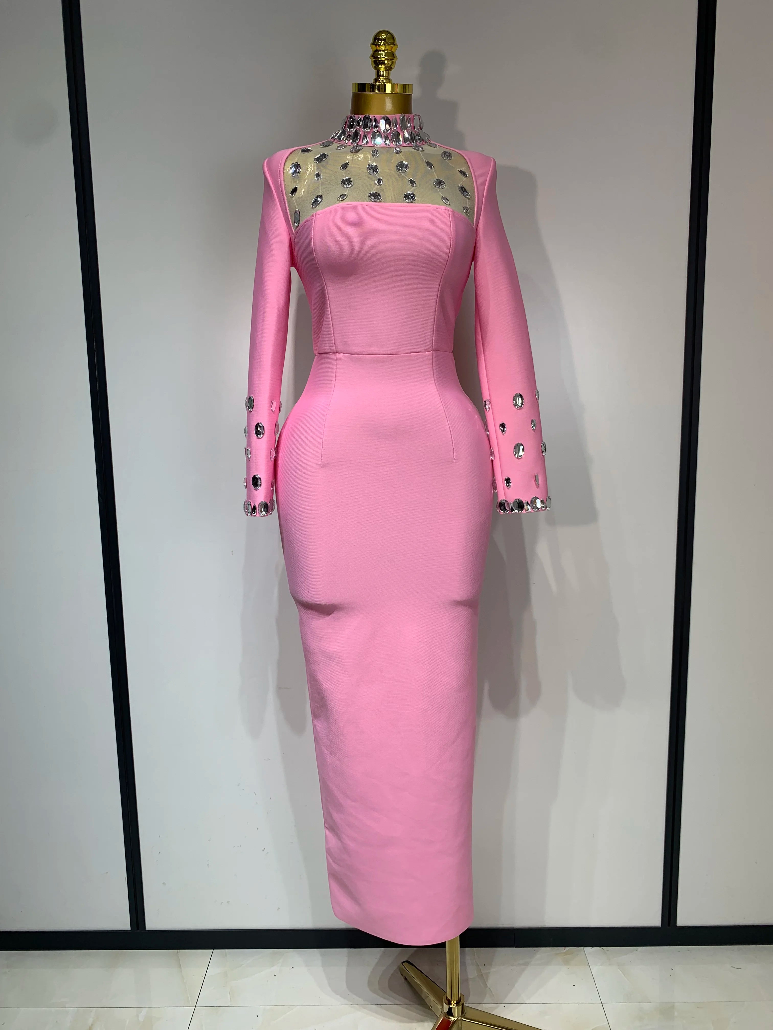 2025 Luxury Birthday Dresses Diamond Long Sleeve Pink Bodycon Bandage Dress Women Wedding Evening Prom Gowns Pink