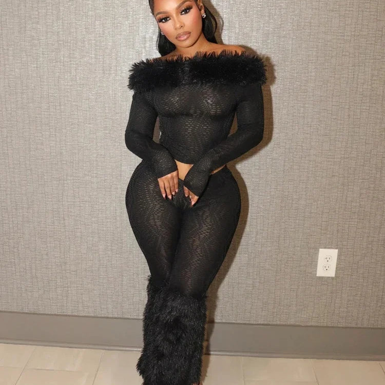 2025 Spring Women's Set Long Sleeve Fur Slash Neck T-shirt + Pants Sexy Streetwear Two 2 Piece Sets Outfits Tracksuit