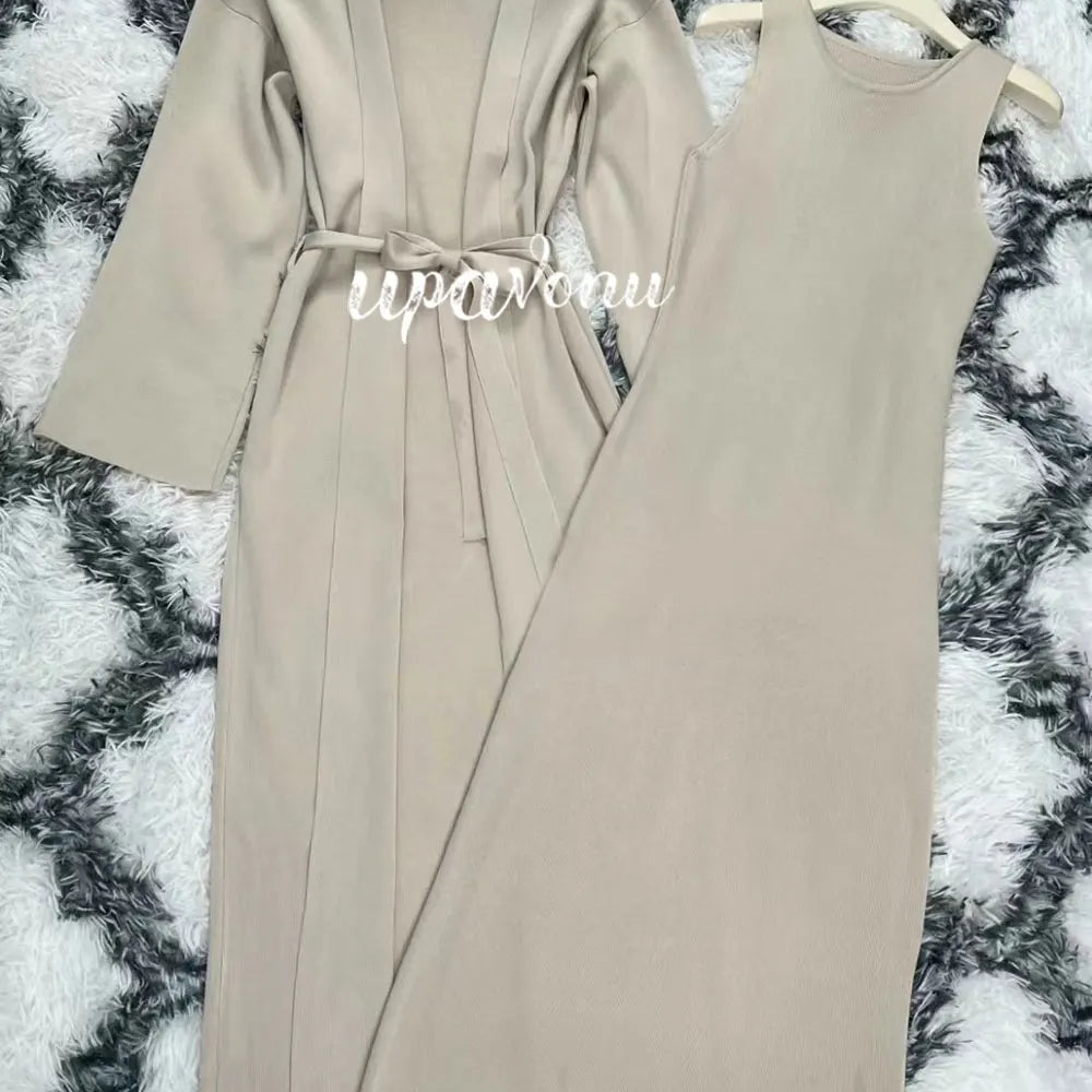Women's Knitted Long Dress Sets with Polo Collar Long Sleeves Waistband Tie up Cardigan Long Coat+Sleeveless Dress Two Piece Set Beige