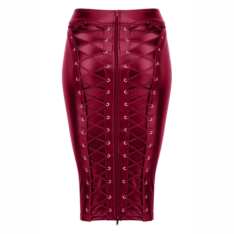 Womens Knee Length Stretch PU Leather Skirt Saia De Couro Jupe Latexwith Ties In Back 2023 Lace Up Zipper BandageLeather Skirts
