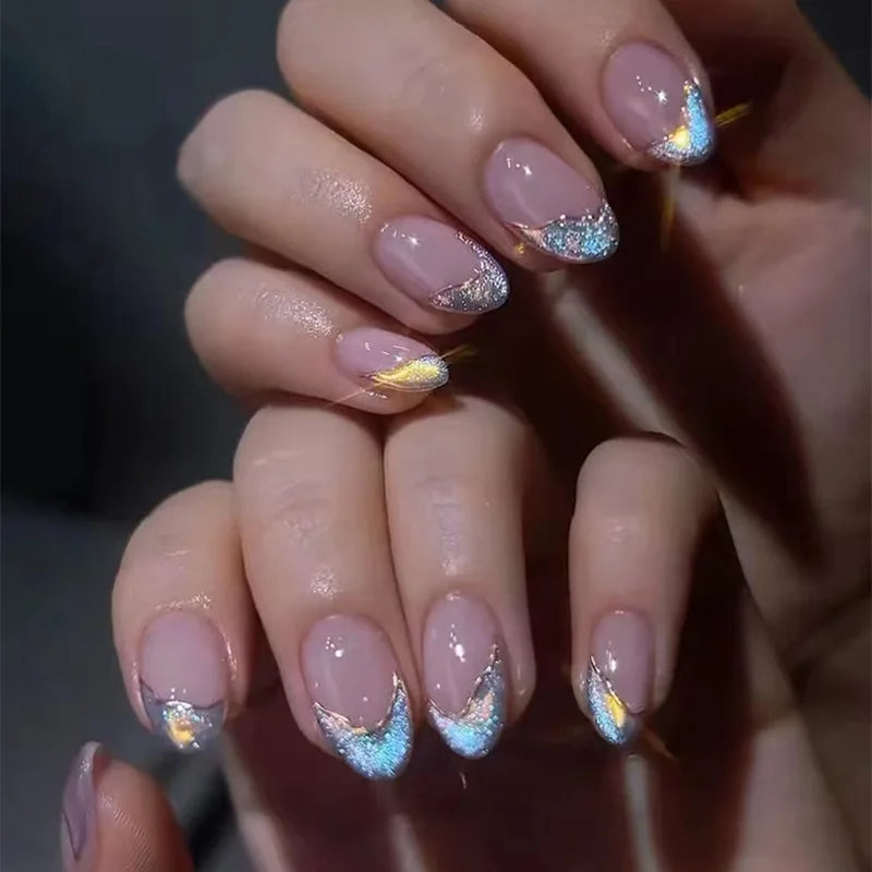 24Pcs Nude Pink Press on Fake Nails with Flower Design Short Almond French False Nails Golden Stripes Manicure Wearable Nail Tip 1654