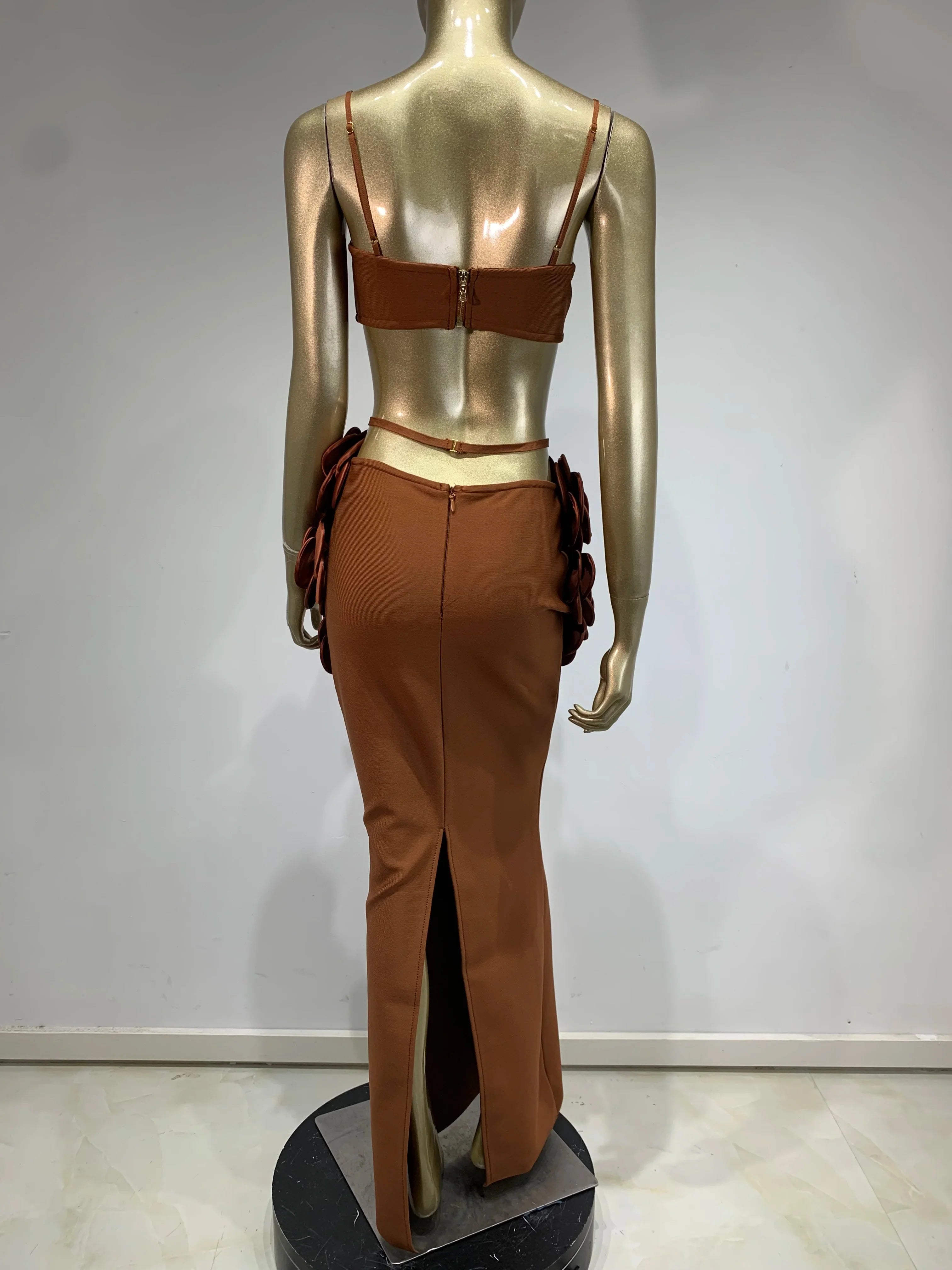 Women Celebrity Sexy Backless Halter Flower Brown Maxi Long Bandage Skirt Set 2025 Knitted Elegant Evening Club Party Clothing