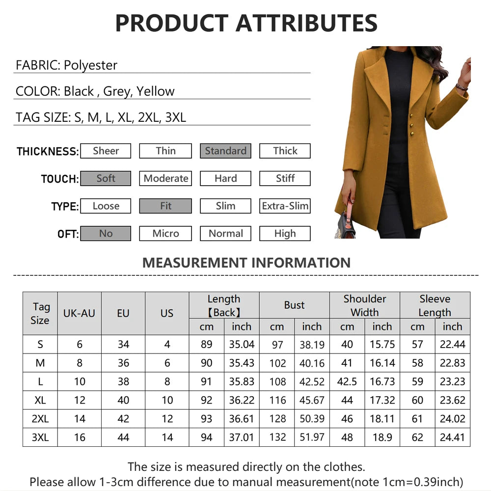 Solid Colo Slim Woolen Women's Coat Long Jacket Autumn Winter Fashion Korean Outerwear Black Coat Elegant Female Clothing