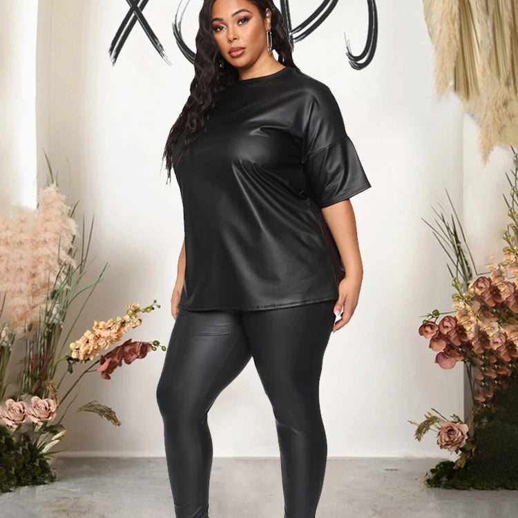 Women Summer Clothes Leather Outfit 2 Piece Set Short Sleeve Blouse Top and Stretchy Leggings Ladies Plus Size Pu Suits in Black