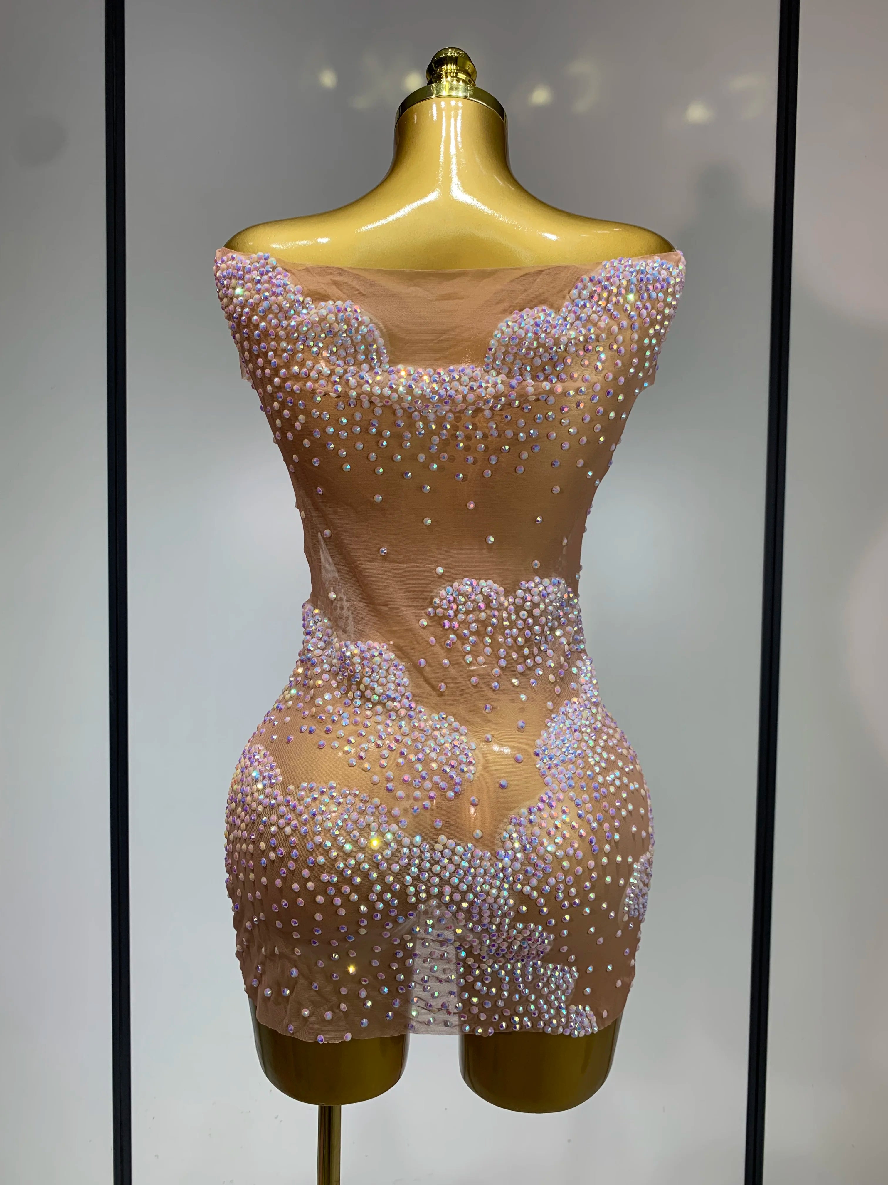 Women Sexy Mesh See Through Mini Dress Celebrate Birthday Evening Party Dress Luxury Rhinestones Stage Performance Costume