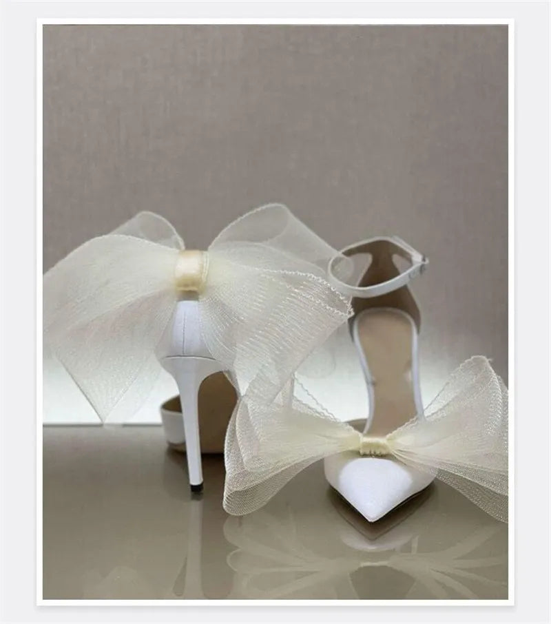 Big Butterfly-Knot Sandals Woman Summer 2024 High Heels Women Pumps Pointed Designer Shoes Mary Janes Sexy Stiletto Wedding Shoe white