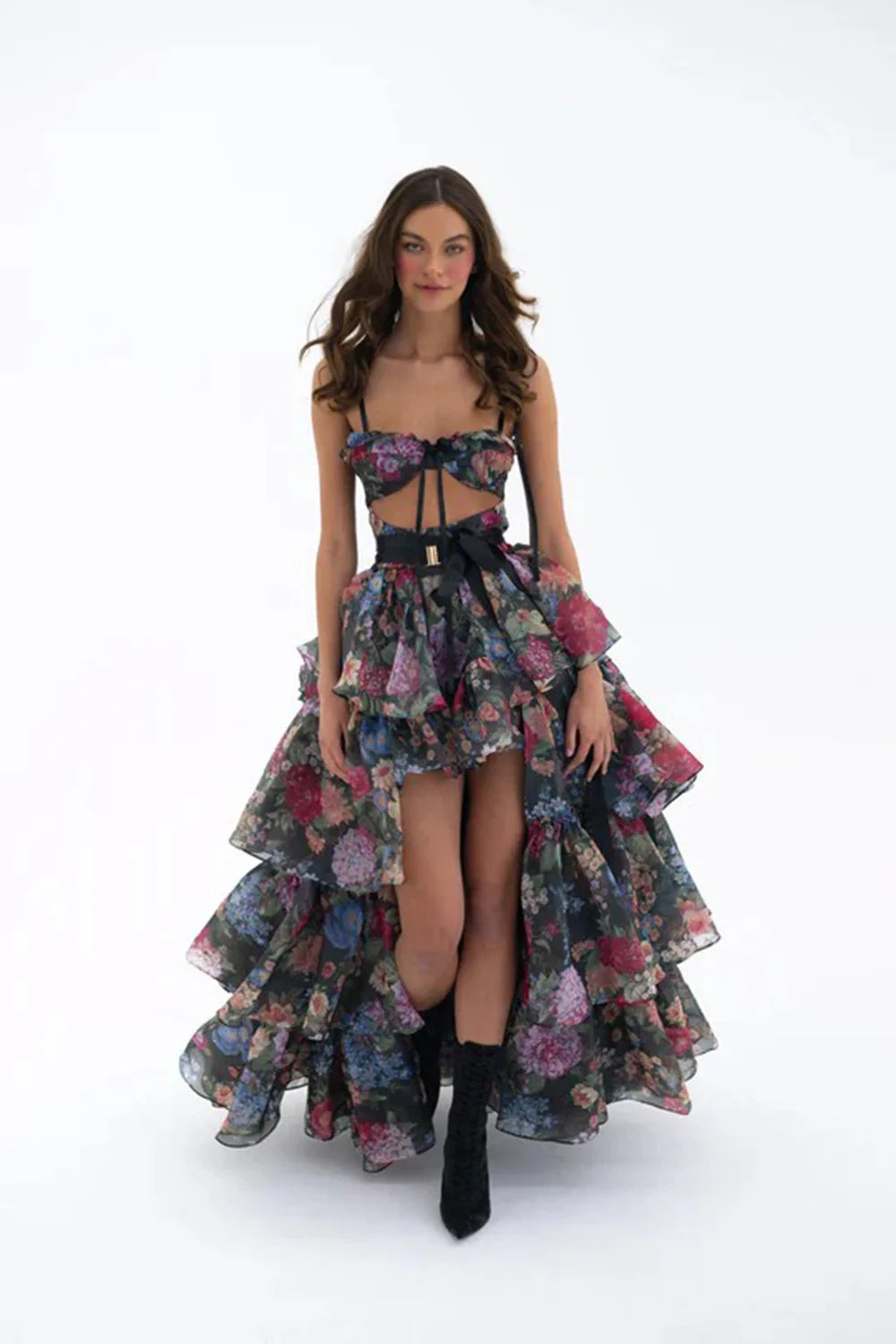 Women Sleeveless Sexy Strap Flowers Print Ruffles Loose Long Maxi Dress Evening Party Celebrate Birthday Vacation Outfit black