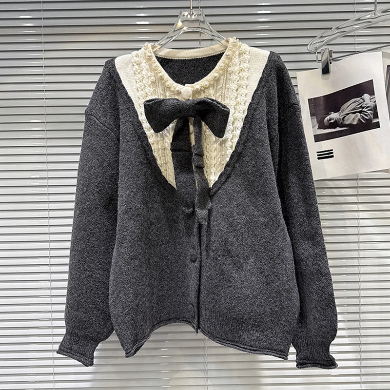 Winter New Fashion Bow Pin Contrast Color Loose Knitted Sweater For Women Single-breasted Cardigan Female 11A07833 Gray One Size
