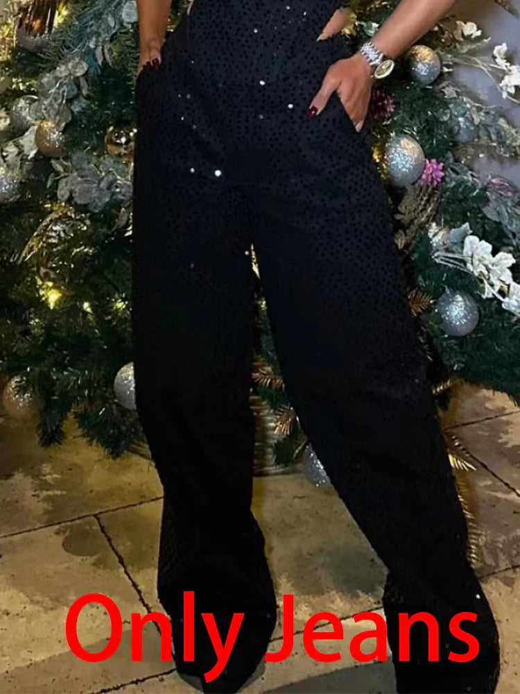 BKQU Fashion Sequins 2 Piece Pants Set Women Sexy Strapless Tank Tops and Loose Long Pants Female Luxury Party Club Chic Outfits Black Only Pants