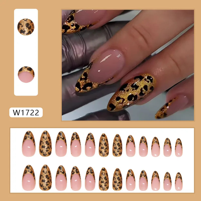 24pcs Shiny Green Cat Eye False Nails Cute Seal Print Fake Nails Tips Wearable Reusable Glossy Short Round Press on Nails 18