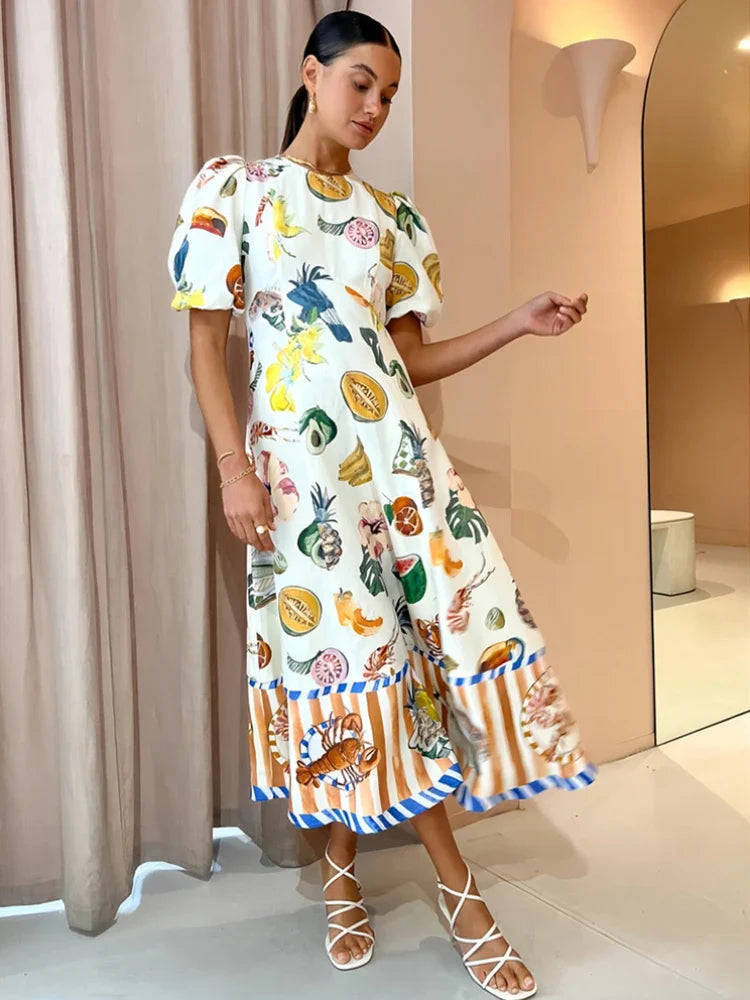 Holiday Beach Style Fruit Maxi Dresses NEW Summer Trendy and Unique Graffiti Print Bodycon Versatile Dress for Women