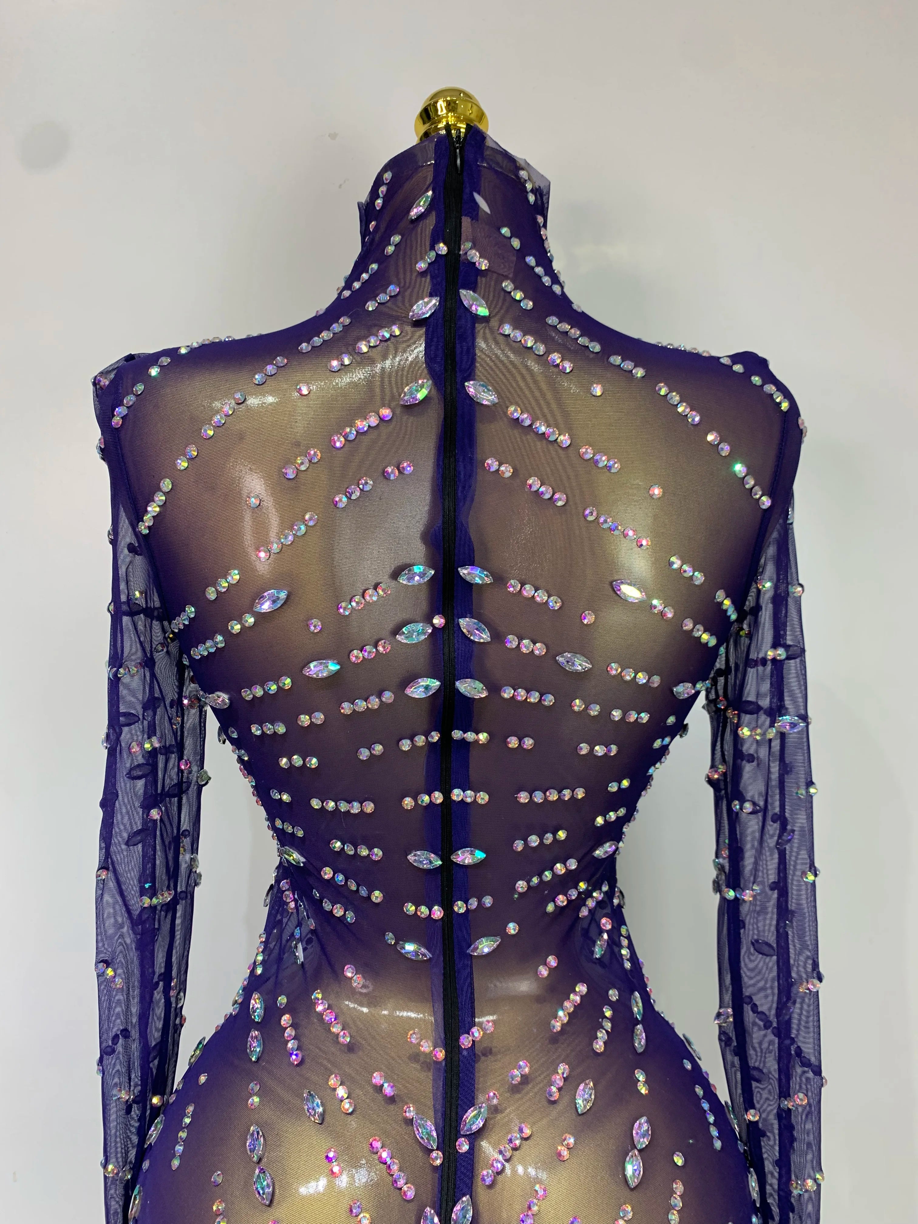 Sparkly Diamonds Mesh See Through Long Sleeves Mini Dress Women Eveing Birthday Party Sexy Nightclub Bar Singer Stage Costume