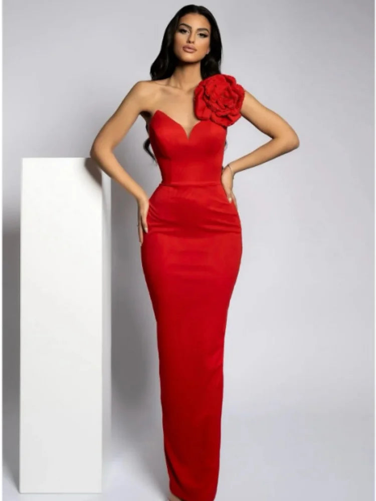 2024 New Summer Women Sexy Rhinestones Florals One Shoulder Sexy Bodycon Long Dress Birthday Fashion Cocktail Party Dress Red