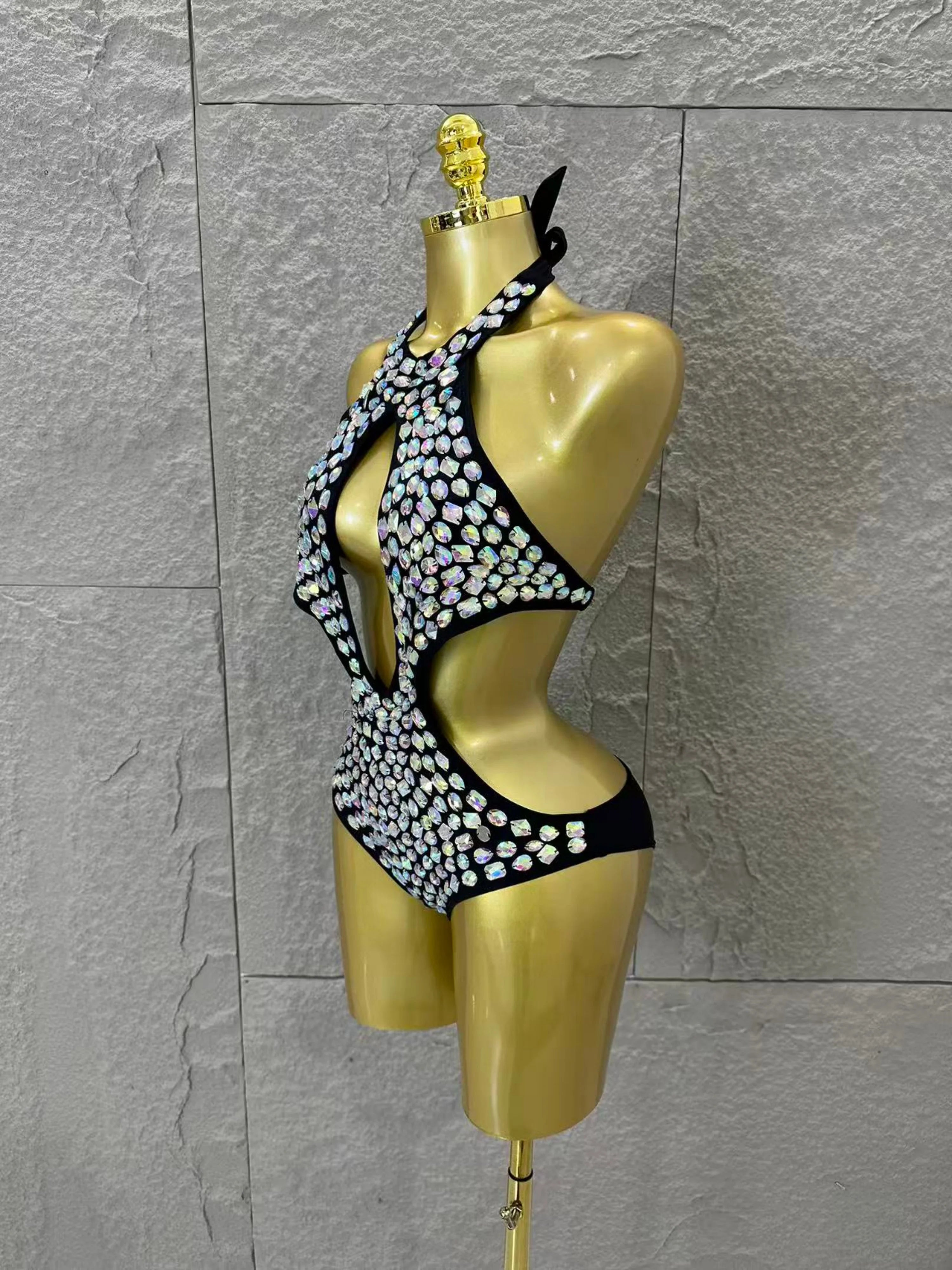 Women Sexy Halter Neck Iridescent Crystal Embellished Cutout Outfit Stage Performance Costume 2026 Luxurious Black Bodysuit