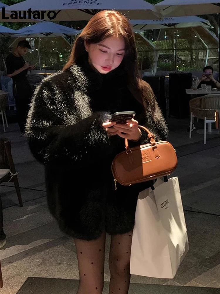 Autumn Winter Black Soft Thick Warm Hairy Shaggy Faux Fox Fur Coat Women Stand Collar Long Sleeve Fluffy Jacket 2023