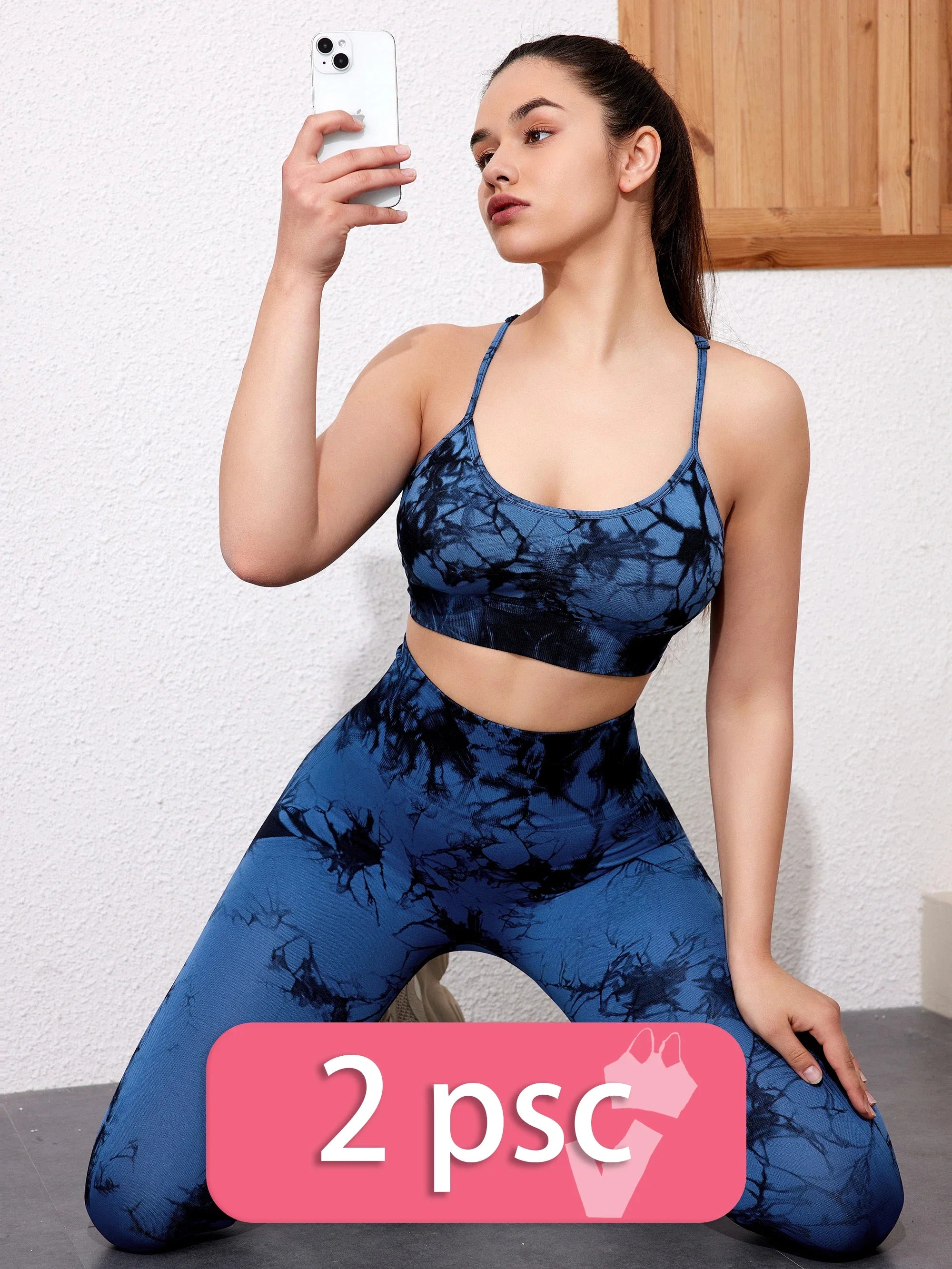 SALSPOR 1/2/3Pcs Tie Dye Seamless Butt Lifting Women Gym Set Stretch Running Outdoors Sport Yoga Outfit for Woman Skinny Shorts DBlue Pants Sets
