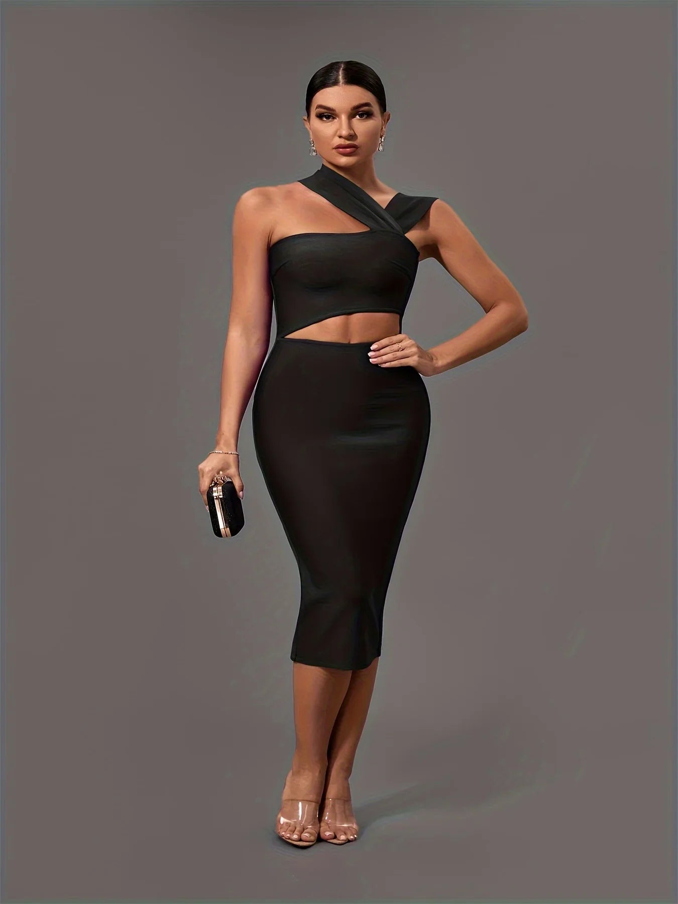 Black Bandage Dress Women Midi Party Dress Bodycon Elegant Halter Neck Sexy Cut Out Birthday Evening Club Outfits Summer
