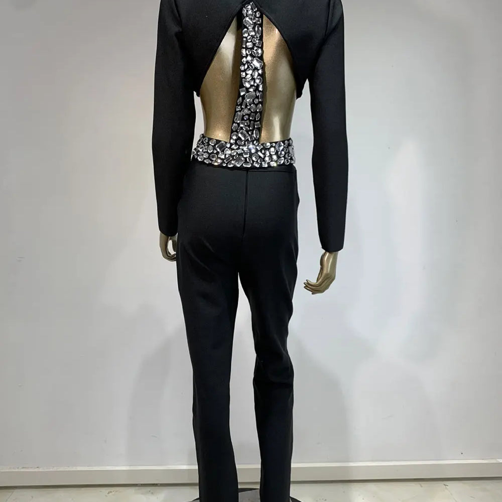 2024 Women Bandage Long Pants Set With Lapel Long Sleeved Nail Bead Design Backless Sexy Ultra Short Jacket+Pants Two-Piece Set