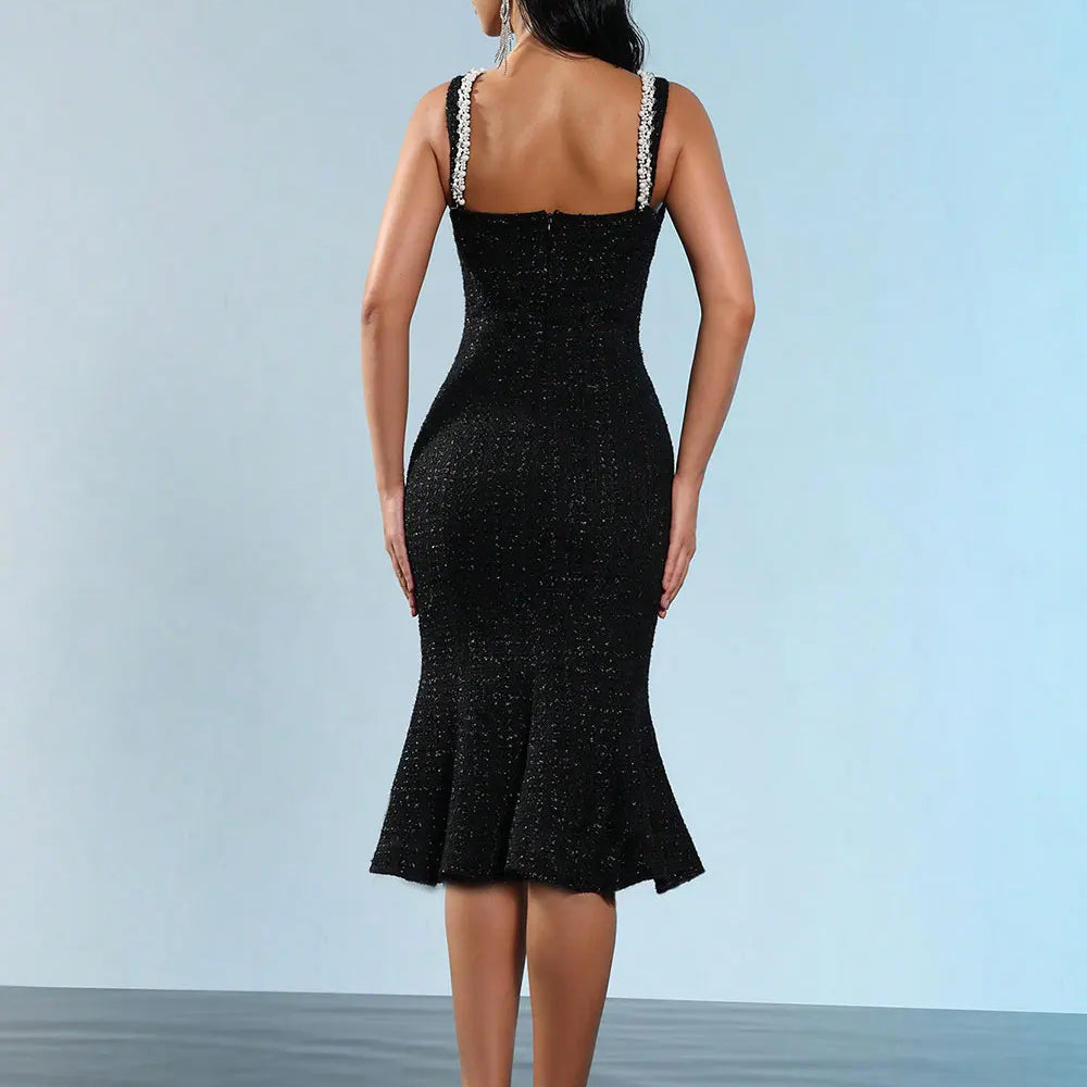 2025 Elegant Women's Nail Bead Design Fishtail Dress V-neck Sleeveless Bodycon Flute Dresses Cocktail Evening Party Vestidos