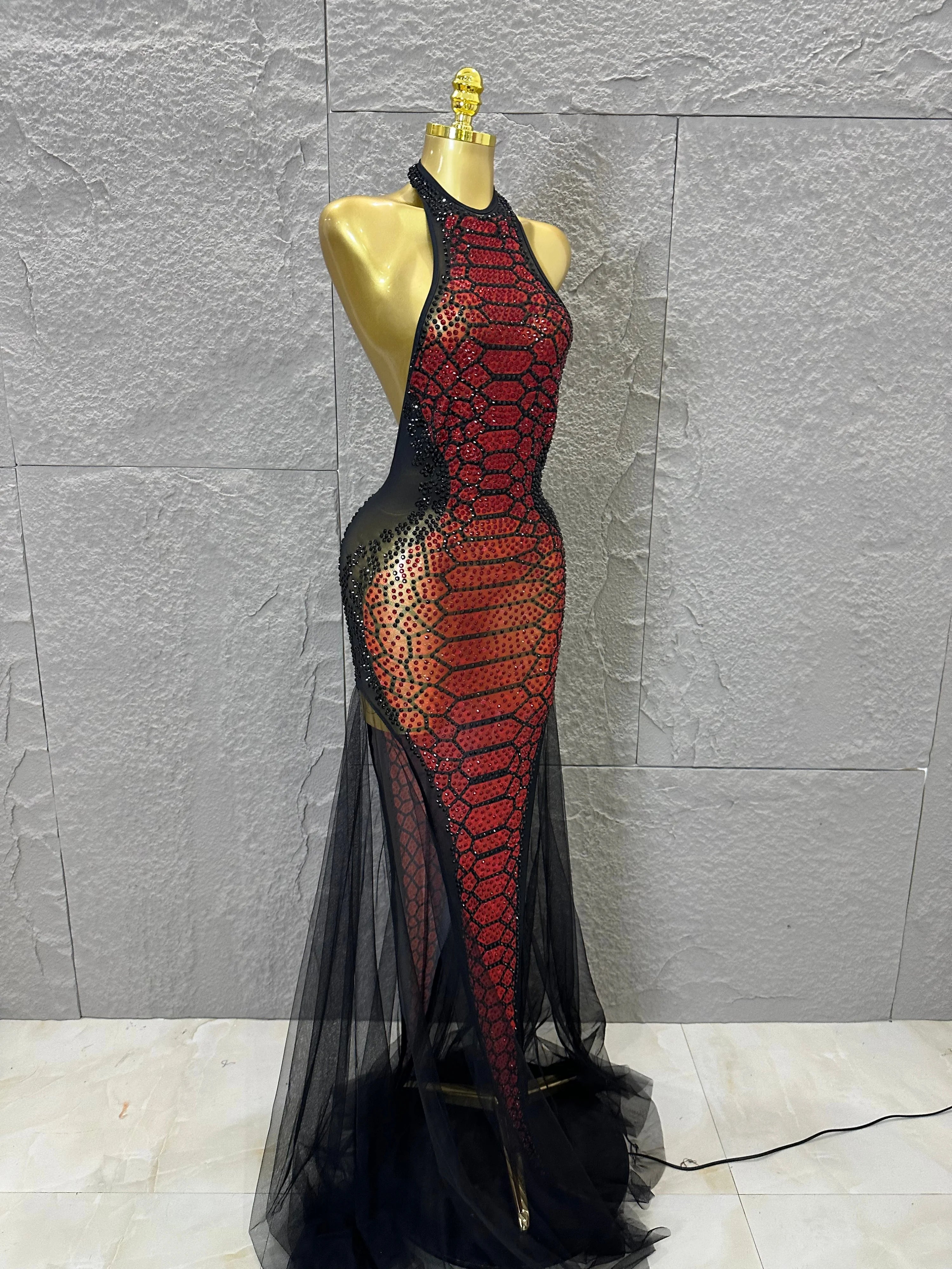 Luxurious Rhinestone Opulent Maxi Dress Women Halter Neck Sheer Mesh Black Red Crystal Embellished Stage Gown
