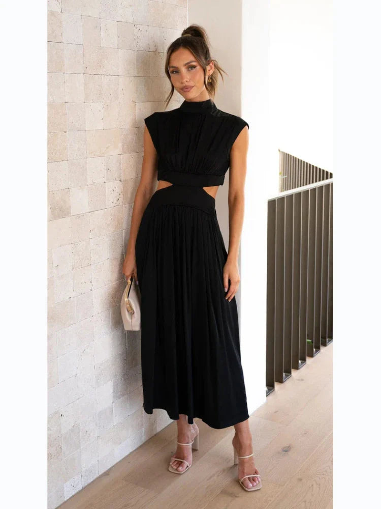 Women Spring Summer Long Maxi Dress Solid Color Fashion Sleeveless Backless Sweet Elegant Casual Dress 2023 Long-Black