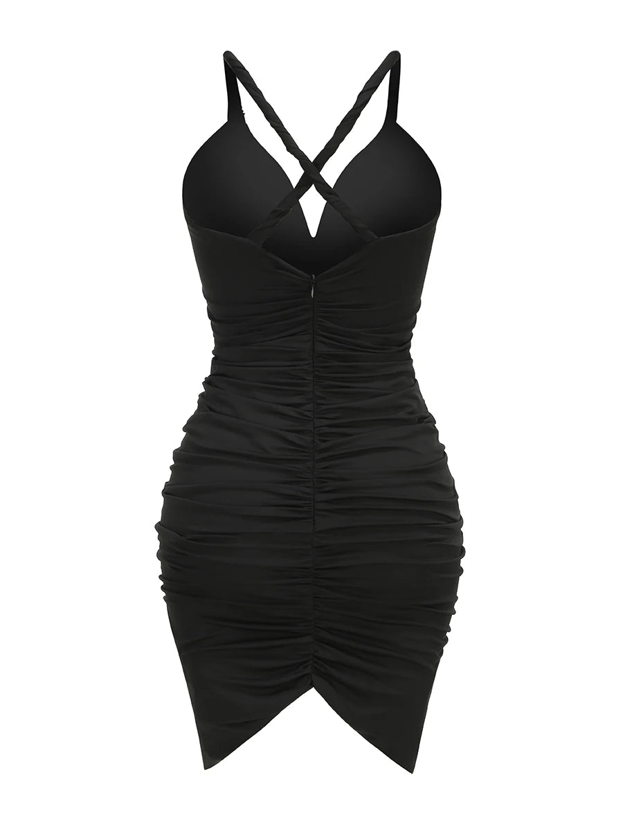 Black Color Women Sleeveless Sexy V-Neck Golden Big Circle Sequins Bodycon Mini Dress Celebrate Evening Party Cocktail Dress