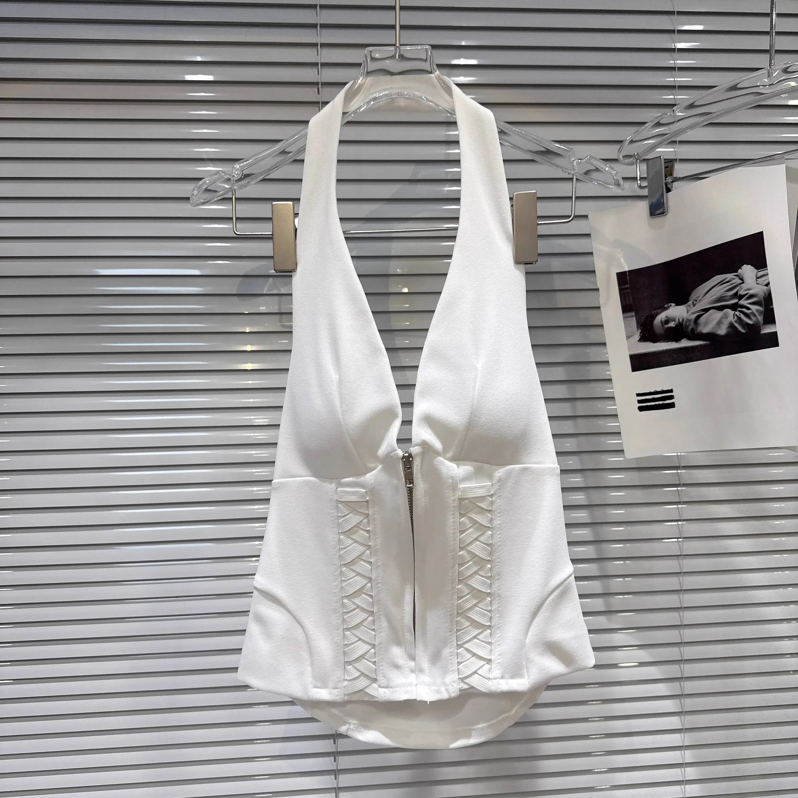 Winter New Fashion Drawstring Strap Design Backless Slim Chest Pad Halter Top For Women Solid Color Vest 11A07940 White One Size