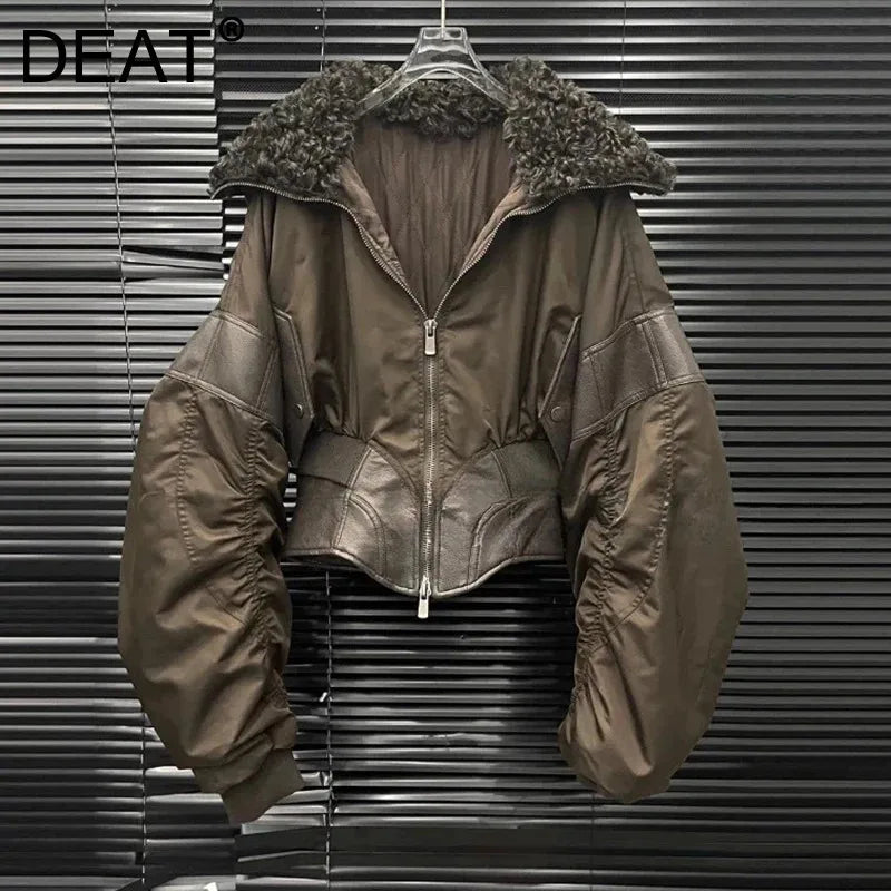 Autumn Winter New Patchwork Leather Waist-Cinching Cotton Jacket For Women Elegant Fur Collar Short Coat 11A07569