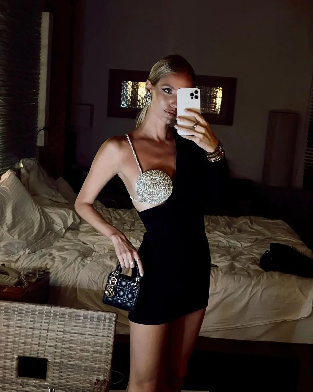 Factory Wholesale Women's Black Spaghetti Strap Rhinestones Mini Sexy Boutique Celebrity Cocktail Party Bandage Dress