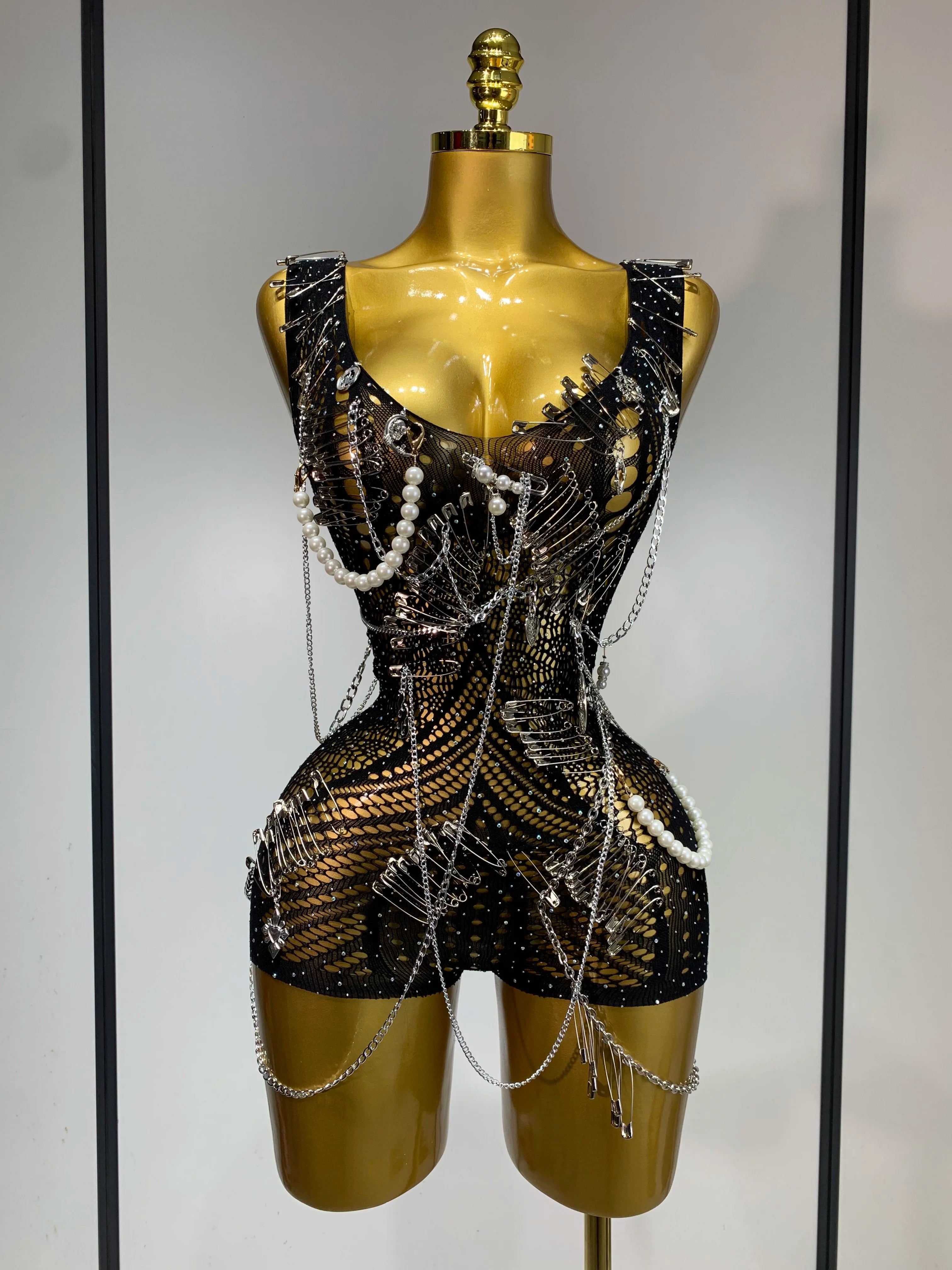 Women Pin Sparkly Crystal Cut Out Sexy Stretch Bodysuit Women Nightclub DJ Clothing Stage Singer Dancer Performance Costume black