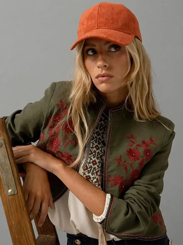 Women Fashion Print Trousers Two-piece Suit Embroidery Long-sleeved Coat High Waist Pants Sets Spring Casual Lady Outfit