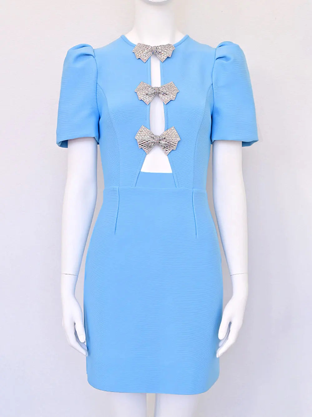 2024 Sexy Women's Water Diamond Butterfly Knot Design Bandage Dress O-Neck Bubble Short Sleeve Hollow Bodycon Mini Dress Vestido Blue