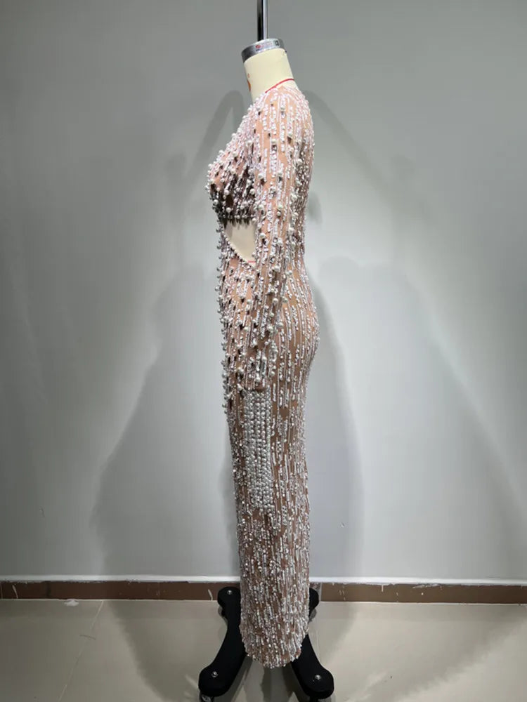 Elegant Evening Party Dress Women Long Sleeve Pearl Beading Bodycon Long Maxi Dress Birthday Party Cocktail Prom Dress