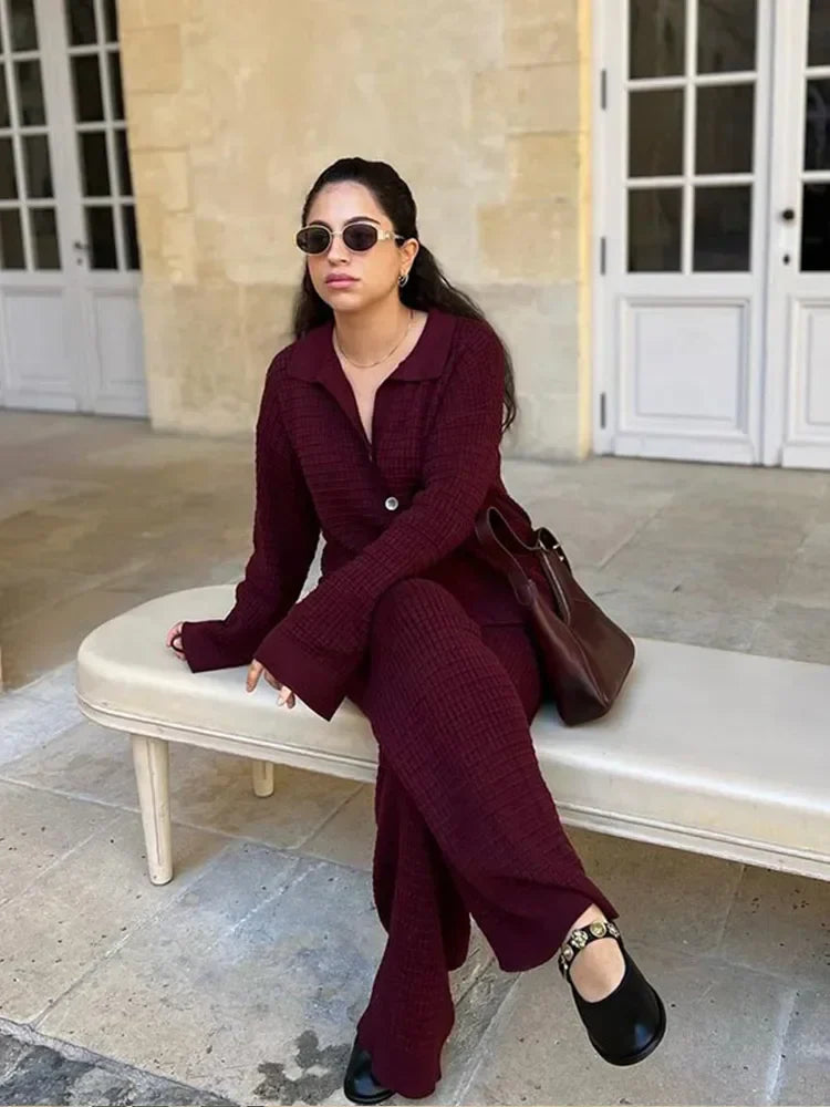 Autumn Women Wine Red Knit Sweater 2 Peice Sets V-neck Cardigan Coats High Waist Wide Leg Pants Ladies Fashion Casual Suits