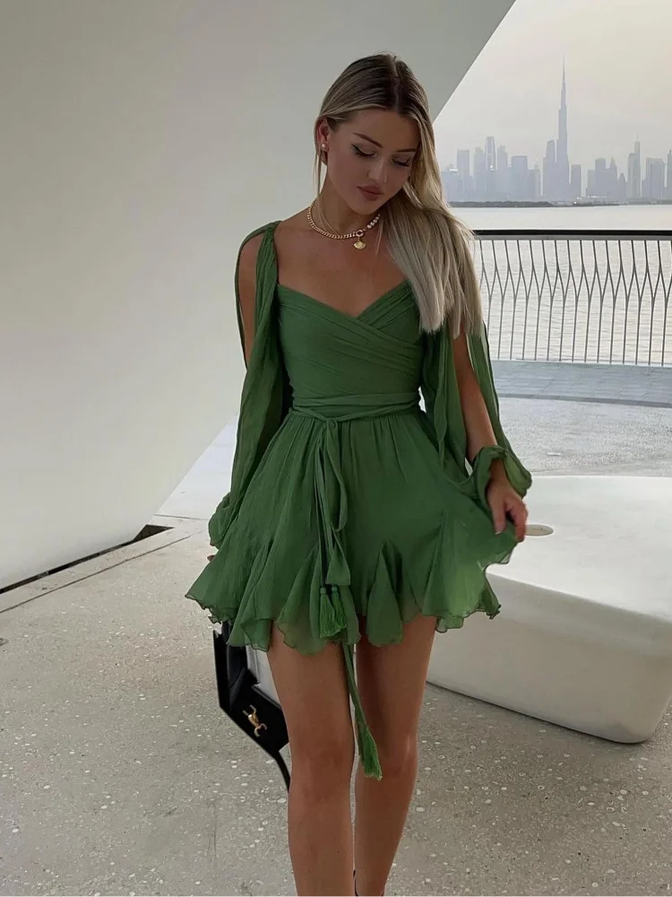 Chiffon Green Ruffles Mini Dresses Women Elegant Long Sleeve A Line Beach Robe Fashion Lady Ruffles Holiday Summer Party Vestido
