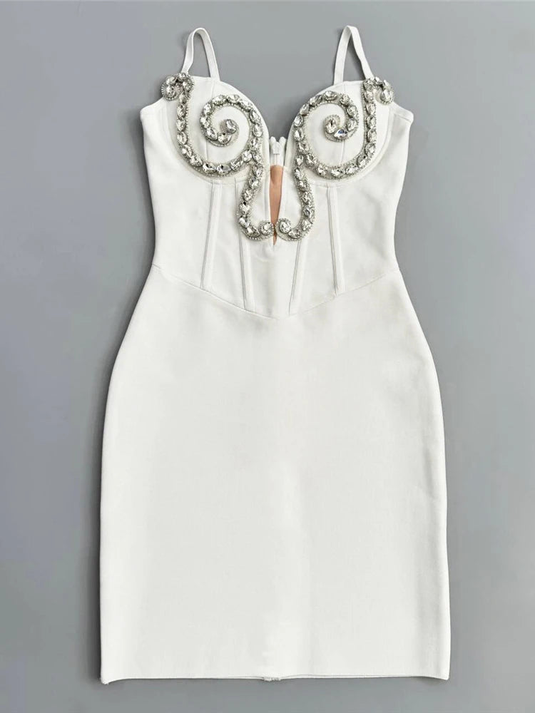Luxurious White Strappy Sleeveless Dress with Crystal Details for Galas Evening Wedding Gown