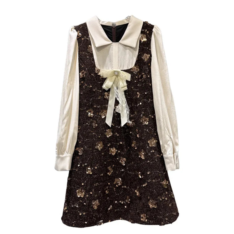 Winter New Fashion Bowknot Shirt Patchwork Sequin Tweed Dress For Women Elegant Casual Long Sleeve Dresses 11A07765