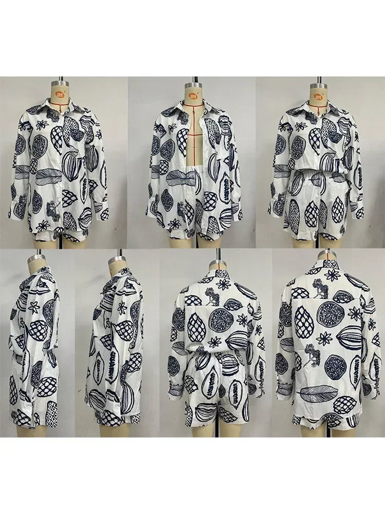 Foridol Fruit Printed Pockets Casual Shirt+shorts Set Outfits Matching Set Summer Women Spring Beach Oversize White Set