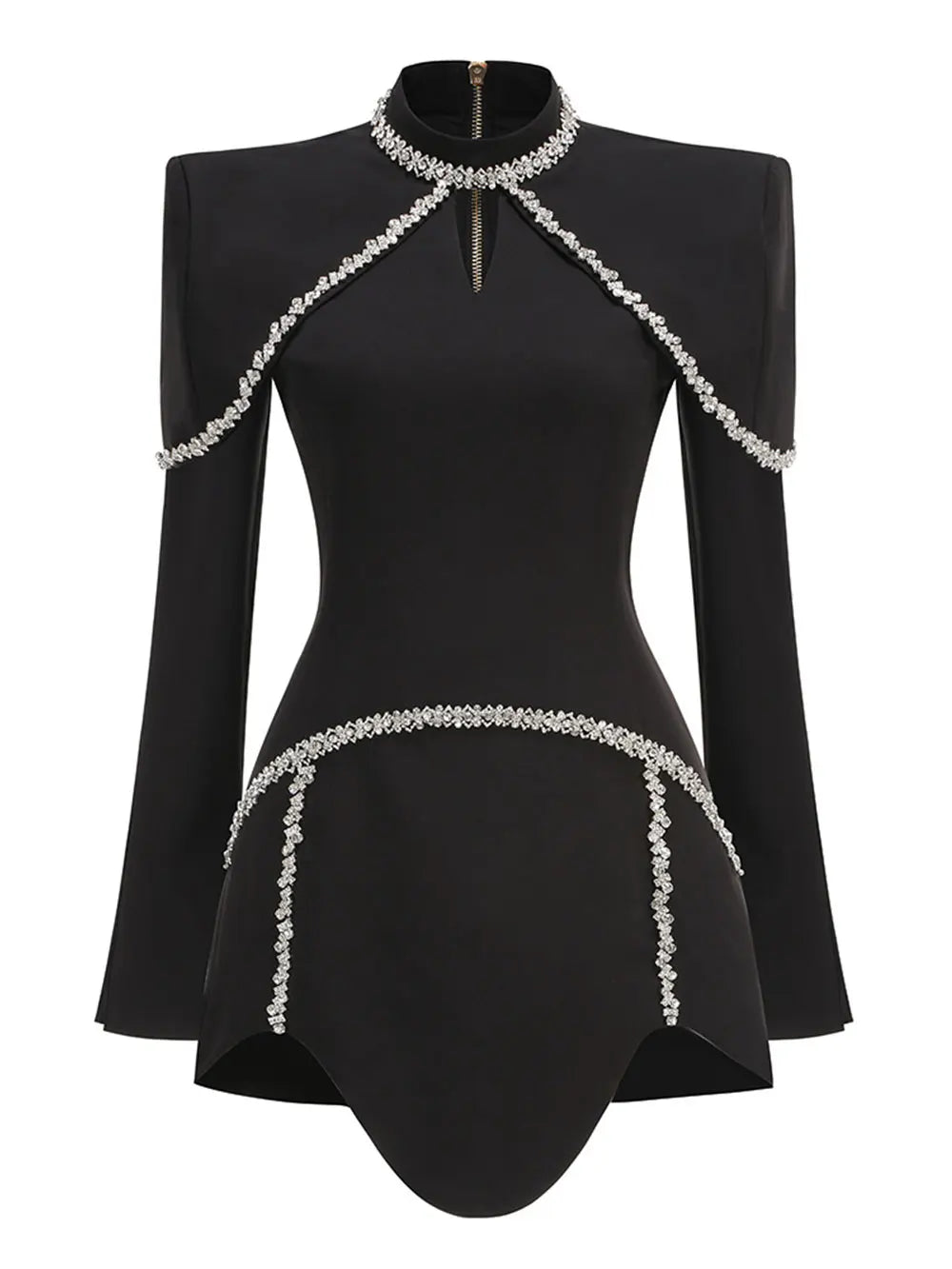 2025 Light Luxury Water Diamond Mini Dress Stand Collar Long Sleeve Bodycon Asymmetric Dress Cocktail Evening Club Party Vestido black