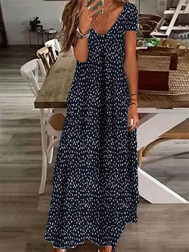 Summer Boho Floral Polka Dot V Neck Long Maxi Dress Elegant Ladies Holiday Beach Loose Retro Sundress Deep Blue