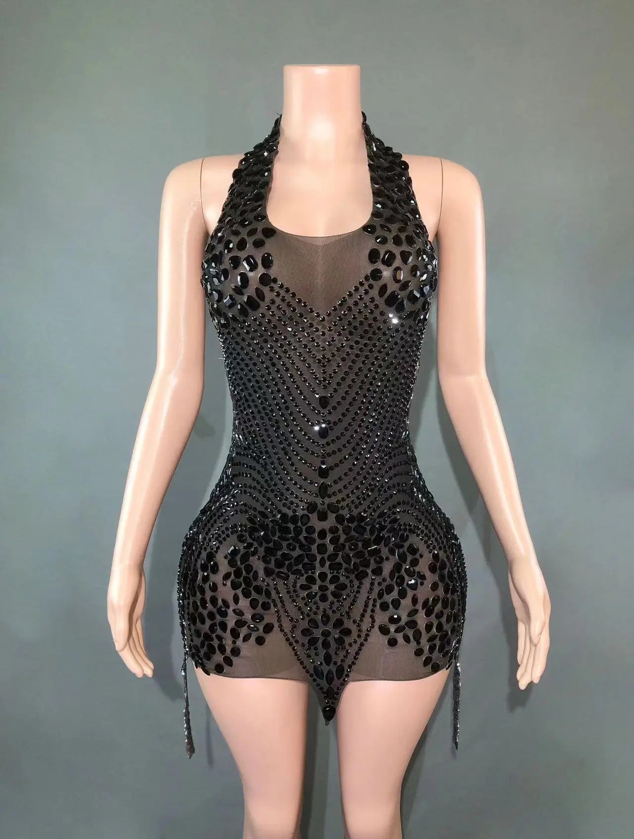 Sparkly Rhinestones Evening Prom Celebrate Birthday Dress Sexy Halter Backless Mesh Velvet Short Dress Performance Stage Wear black